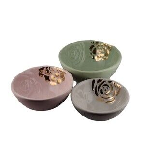 Grasslands Road Nesting Bowls Lot Of 3 Floral Cabbage Rose Green Pink Grey READ